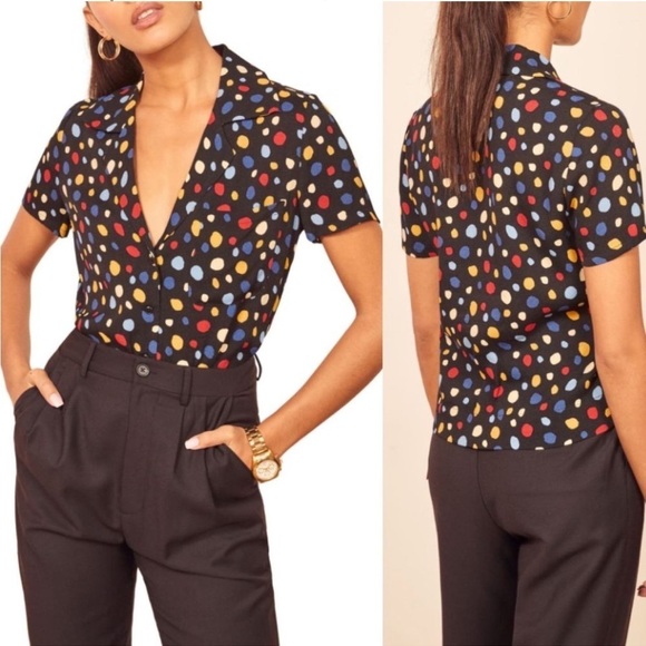 Reformation Cuba Top in Fiesta Black Polka Dot Button Front Boxy Mid Century Mod - Picture 11 of 12